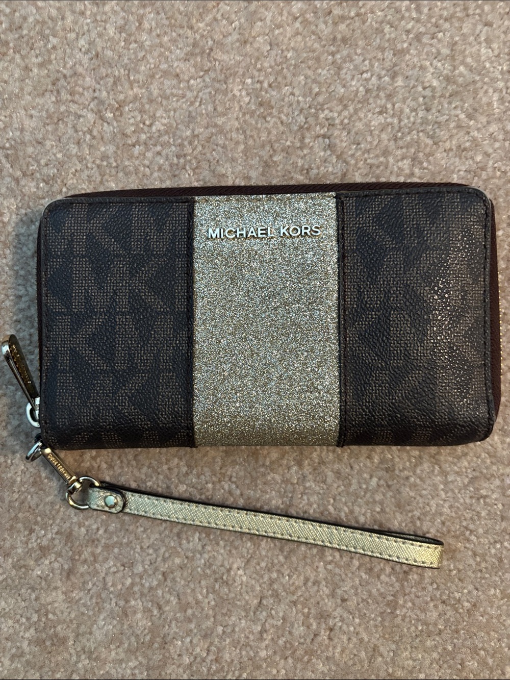 Michael Kors Brown Wallet with Gold Glitter Center Stripe